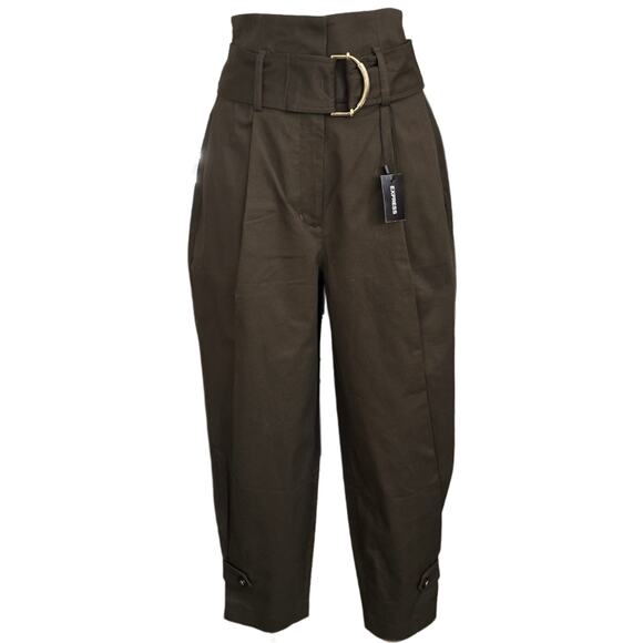 Express NWT Olive Brown Paper Bag Pants Sz. US 4 short - Picture 1 of 9